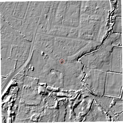 Shaded relief map of the ground around PR83NY, computed from Environment Agency LiDAR. The ground here sits at about 7 m above sea level and falls 11 m across the surrounding 800 m. Surface water reaching this point runs off ground lying to the west-north-west, 2.4 m higher.