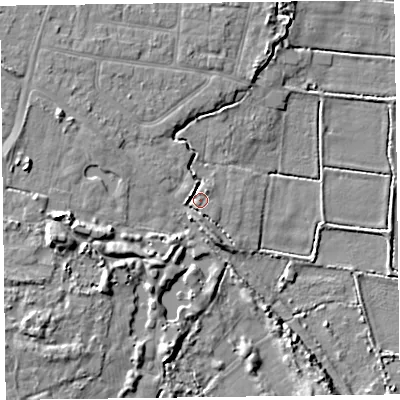 Shaded relief map of the ground around PR83NZ, computed from Environment Agency LiDAR. The ground here sits at about 6 m above sea level and falls 10 m across the surrounding 800 m. Surface water reaching this point runs off ground lying to the west-north-west, 4.9 m higher.
