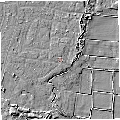 Shaded relief map of the ground around PR83SX, computed from Environment Agency LiDAR. The ground here sits at about 7 m above sea level and falls 10 m across the surrounding 800 m. Surface water reaching this point runs off ground lying to the west, 2.1 m higher.