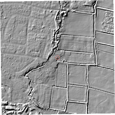 Shaded relief map of the ground around PR83SY, computed from Environment Agency LiDAR. The ground here sits at about 4 m above sea level and falls 8 m across the surrounding 800 m. Surface water reaching this point runs off ground lying to the north-west, 4.0 m higher.