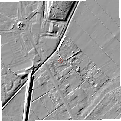 Shaded relief map of the ground around PR85FF, computed from Environment Agency LiDAR. The ground here sits at about 3 m above sea level and falls 9 m across the surrounding 800 m. Surface water reaching this point runs off ground lying to the north, 3.0 m higher.