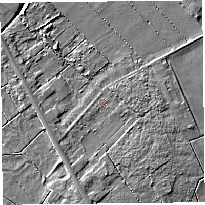 Shaded relief map of the ground around PR85HS, computed from Environment Agency LiDAR. The ground here sits at about 3 m above sea level and falls 6 m across the surrounding 800 m. Surface water reaching this point runs off ground lying to the south, 3.5 m higher.