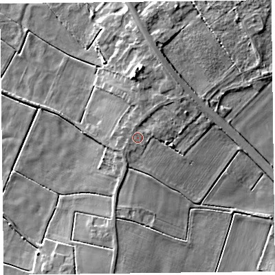 Shaded relief map of the ground around PR85HY, computed from Environment Agency LiDAR. The ground here sits at about 5 m above sea level and falls 8 m across the surrounding 800 m. Surface water reaching this point runs off ground lying to the north-east, 1.9 m higher.