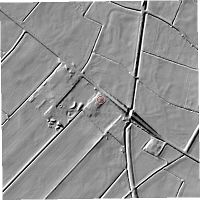 Shaded relief map of the ground around PR85JD, computed from Environment Agency LiDAR. The ground here sits at about 4 m above sea level and falls 9 m across the surrounding 800 m. Surface water reaching this point runs off ground lying to the east-north-east, 3.2 m higher.