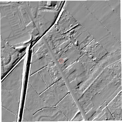 Shaded relief map of the ground around PR85JF, computed from Environment Agency LiDAR. The ground here sits at about 3 m above sea level and falls 7 m across the surrounding 800 m. Surface water reaching this point runs off ground lying to the south-south-west, 1.7 m higher.