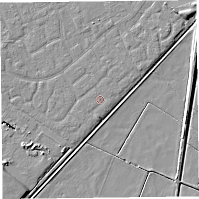 Shaded relief map of the ground around PR86XH, computed from Environment Agency LiDAR. The ground here sits at about 4 m above sea level and falls 9 m across the surrounding 800 m. Surface water reaching this point runs off ground lying to the south, 0.8 m higher.