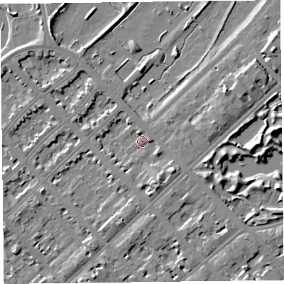 Shaded relief map of the ground around PR90JS, computed from Environment Agency LiDAR. The ground here sits at about 7 m above sea level and falls 8 m across the surrounding 800 m. Surface water reaching this point runs off ground lying to the south-east, 4.7 m higher.