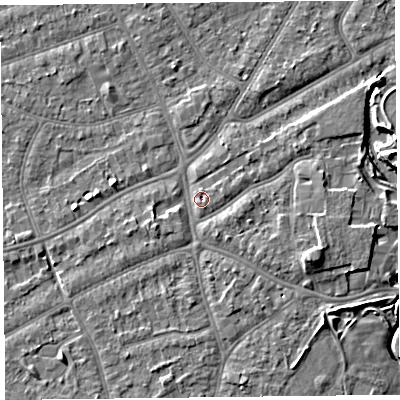 Shaded relief map of the ground around PR97LN, computed from Environment Agency LiDAR. The ground here sits at about 6 m above sea level and falls 6 m across the surrounding 800 m. Surface water reaching this point runs off ground lying to the south-east, 2.0 m higher.