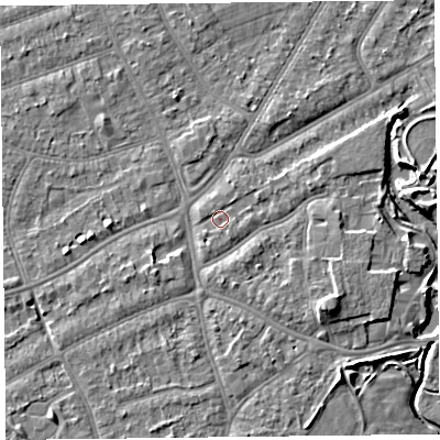 Shaded relief map of the ground around PR97LT, computed from Environment Agency LiDAR. The ground here sits at about 6 m above sea level and falls 6 m across the surrounding 800 m. Surface water reaching this point runs off ground lying to the south-south-east, 1.1 m higher.