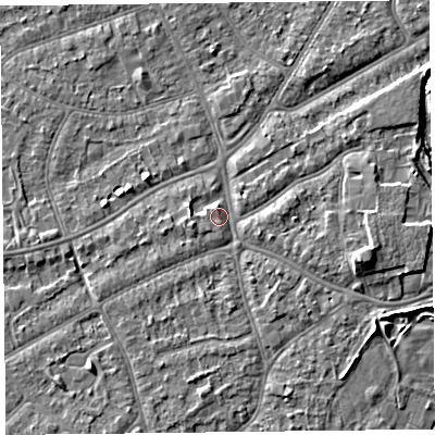 Shaded relief map of the ground around PR97LW, computed from Environment Agency LiDAR. The ground here sits at about 7 m above sea level and falls 6 m across the surrounding 800 m. Surface water reaching this point runs off ground lying to the west-south-west, 2.0 m higher.