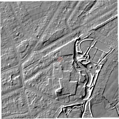 Shaded relief map of the ground around PR97LX, computed from Environment Agency LiDAR. The ground here sits at about 6 m above sea level and falls 8 m across the surrounding 800 m. Surface water reaching this point runs off ground lying to the south, 3.7 m higher.