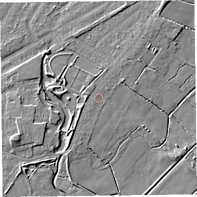 Shaded relief map of the ground around PR97NJ, computed from Environment Agency LiDAR. The ground here sits at about 5 m above sea level and falls 9 m across the surrounding 800 m. Surface water reaching this point runs off ground lying to the north-north-west, 0.6 m higher.
