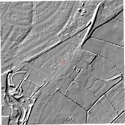 Shaded relief map of the ground around PR97NL, computed from Environment Agency LiDAR. The ground here sits at about 5 m above sea level and falls 10 m across the surrounding 800 m. Surface water reaching this point runs off ground lying to the south-west, 0.7 m higher.