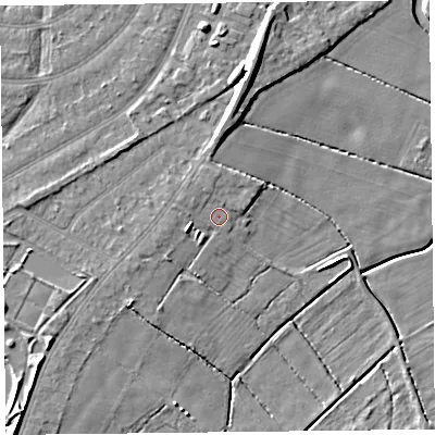 Shaded relief map of the ground around PR97NP, computed from Environment Agency LiDAR. The ground here sits at about 5 m above sea level and falls 10 m across the surrounding 800 m. Surface water reaching this point runs off ground lying to the west-south-west, 1.9 m higher.