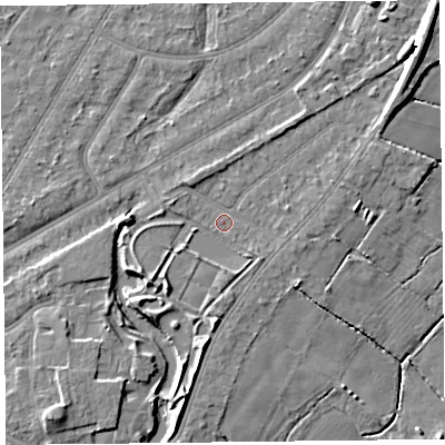 Shaded relief map of the ground around PR97NR, computed from Environment Agency LiDAR. The ground here sits at about 5 m above sea level and falls 9 m across the surrounding 800 m. Surface water reaching this point runs off ground lying to the south-west, 3.2 m higher.
