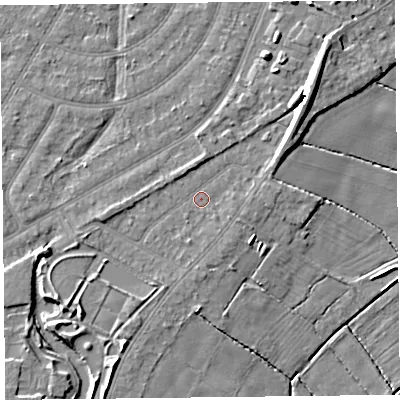 Shaded relief map of the ground around PR97NS, computed from Environment Agency LiDAR. The ground here sits at about 5 m above sea level and falls 10 m across the surrounding 800 m. Surface water reaching this point runs off ground lying to the east-north-east, 2.2 m higher.