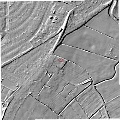 Shaded relief map of the ground around PR97NZ, computed from Environment Agency LiDAR. The ground here sits at about 5 m above sea level and falls 10 m across the surrounding 800 m. Surface water reaching this point runs off ground lying to the west-north-west, 0.9 m higher.