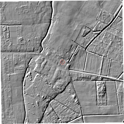 Shaded relief map of the ground around PR97QS, computed from Environment Agency LiDAR. The ground here sits at about 4 m above sea level and falls 6 m across the surrounding 800 m. Surface water reaching this point runs off ground lying to the north-north-west, 1.2 m higher.