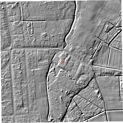 Shaded relief map of the ground around PR97UB, computed from Environment Agency LiDAR. The ground here sits at about 5 m above sea level and falls 6 m across the surrounding 800 m. Surface water reaching this point runs off ground lying to the west-south-west, 2.4 m higher.