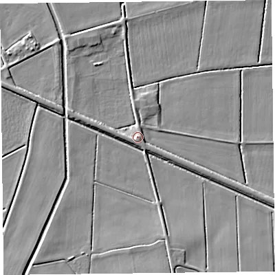 Shaded relief map of the ground around PR98AA, computed from Environment Agency LiDAR. The ground here sits at about 4 m above sea level and falls 5 m across the surrounding 800 m. Surface water reaching this point runs off ground lying to the south, 1.9 m higher.