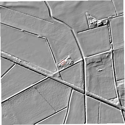 Shaded relief map of the ground around PR98AB, computed from Environment Agency LiDAR. The ground here sits at about 3 m above sea level and falls 6 m across the surrounding 800 m. Surface water reaching this point runs off ground lying to the north-east, 1.9 m higher.