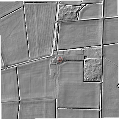 Shaded relief map of the ground around PR98AD, computed from Environment Agency LiDAR. The ground here sits at about 3 m above sea level and falls 4 m across the surrounding 800 m. Surface water reaching this point runs off ground lying to the south-west, 1.5 m higher.