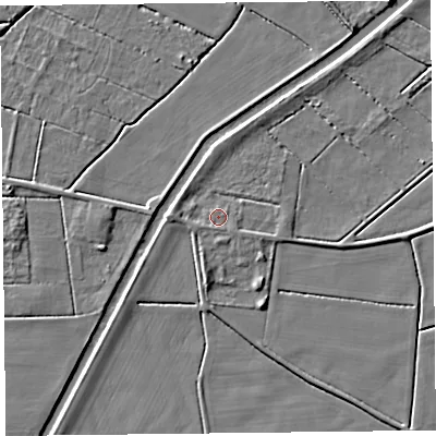 Shaded relief map of the ground around PR98AE, computed from Environment Agency LiDAR. The ground here sits at about 3 m above sea level and falls 5 m across the surrounding 800 m. Surface water reaching this point runs off ground lying to the south-south-west, 0.8 m higher.