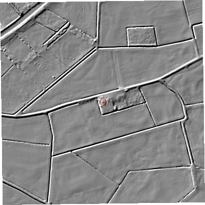 Shaded relief map of the ground around PR98AF, computed from Environment Agency LiDAR. The ground here sits at about 4 m above sea level and falls 5 m across the surrounding 800 m. Surface water reaching this point runs off ground lying to the south, 3.1 m higher.
