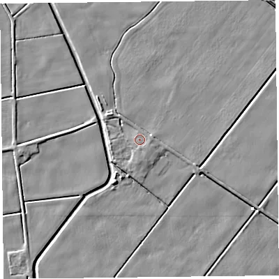 Shaded relief map of the ground around PR98AG, computed from Environment Agency LiDAR. The ground here sits at about 2 m above sea level and falls 4 m across the surrounding 800 m. Surface water reaching this point runs off ground lying to the east, 0.9 m higher.