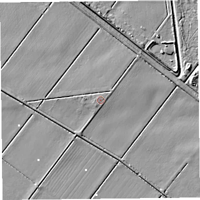 Shaded relief map of the ground around PR98AH, computed from Environment Agency LiDAR. The ground here sits at about 3 m above sea level and falls 8 m across the surrounding 800 m. Surface water reaching this point runs off ground lying to the west, 0.5 m higher.