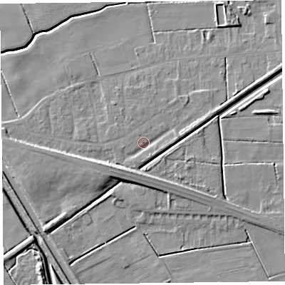Shaded relief map of the ground around PR98AL, computed from Environment Agency LiDAR. The ground here sits at about 4 m above sea level and falls 9 m across the surrounding 800 m. Surface water reaching this point runs off ground lying to the east-north-east, 1.9 m higher.