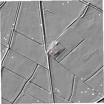 Shaded relief map of the ground around PR98AN, computed from Environment Agency LiDAR. The ground here sits at about 2 m above sea level and falls 4 m across the surrounding 800 m. Surface water reaching this point runs off ground lying to the north-east, 1.3 m higher.