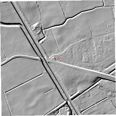 Shaded relief map of the ground around PR98AP, computed from Environment Agency LiDAR. The ground here sits at about 4 m above sea level and falls 9 m across the surrounding 800 m. Surface water reaching this point runs off ground lying to the east-south-east, 4.6 m higher.