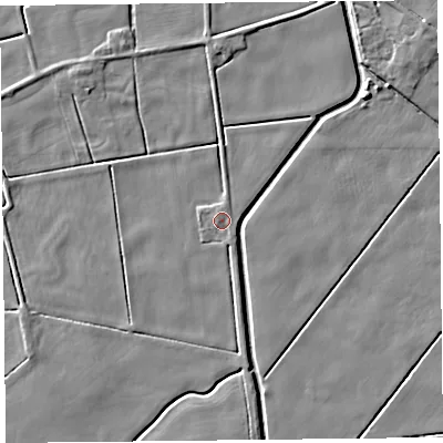 Shaded relief map of the ground around PR98AQ, computed from Environment Agency LiDAR. The ground here sits at about 2 m above sea level and falls 4 m across the surrounding 800 m. Surface water reaching this point runs off ground lying to the west, 0.7 m higher.