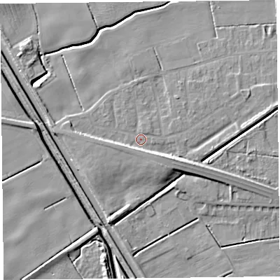 Shaded relief map of the ground around PR98AR, computed from Environment Agency LiDAR. The ground here sits at about 4 m above sea level and falls 9 m across the surrounding 800 m. Surface water reaching this point runs off ground lying to the east-south-east, 4.6 m higher.