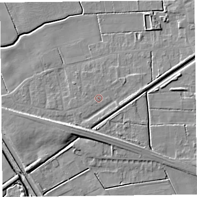 Shaded relief map of the ground around PR98AS, computed from Environment Agency LiDAR. The ground here sits at about 4 m above sea level and falls 9 m across the surrounding 800 m. Surface water reaching this point runs off ground lying to the west-north-west, 0.7 m higher.