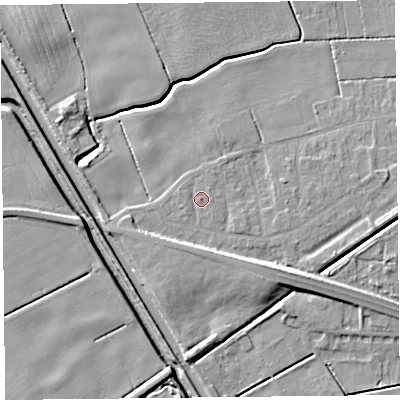 Shaded relief map of the ground around PR98AT, computed from Environment Agency LiDAR. The ground here sits at about 4 m above sea level and falls 9 m across the surrounding 800 m. Surface water reaching this point runs off ground lying to the east, 0.8 m higher.