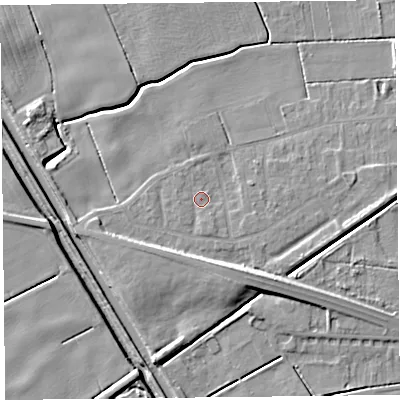 Shaded relief map of the ground around PR98AU, computed from Environment Agency LiDAR. The ground here sits at about 4 m above sea level and falls 9 m across the surrounding 800 m. Surface water reaching this point runs off ground lying to the east, 1.7 m higher.