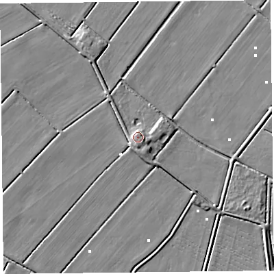 Shaded relief map of the ground around PR98AW, computed from Environment Agency LiDAR. The ground here sits at about 3 m above sea level and falls 4 m across the surrounding 800 m. Surface water reaching this point runs off ground lying to the north, 1.9 m higher.