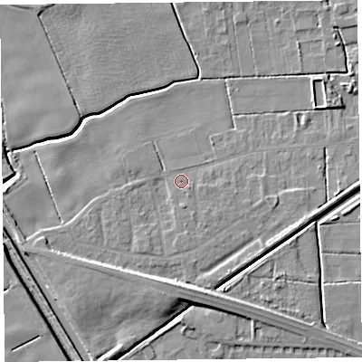 Shaded relief map of the ground around PR98AY, computed from Environment Agency LiDAR. The ground here sits at about 4 m above sea level and falls 9 m across the surrounding 800 m. Surface water reaching this point runs off ground lying to the south, 1.8 m higher.