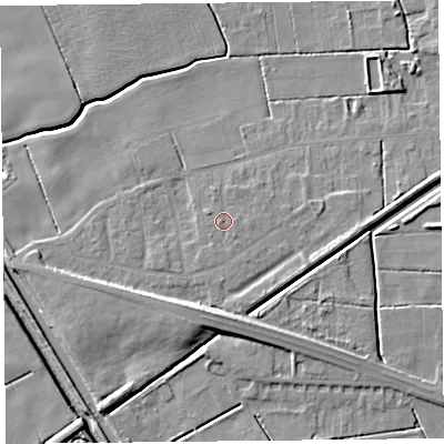 Shaded relief map of the ground around PR98AZ, computed from Environment Agency LiDAR. The ground here sits at about 4 m above sea level and falls 9 m across the surrounding 800 m. Surface water reaching this point runs off ground lying to the west, 0.8 m higher.