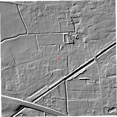 Shaded relief map of the ground around PR98BB, computed from Environment Agency LiDAR. The ground here sits at about 3 m above sea level and falls 7 m across the surrounding 800 m. Surface water reaching this point runs off ground lying to the south-south-east, 3.6 m higher.