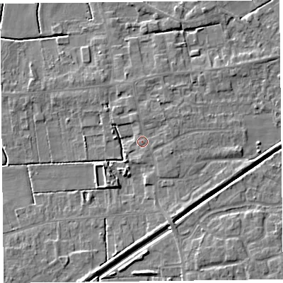 Shaded relief map of the ground around PR98BD, computed from Environment Agency LiDAR. The ground here sits at about 5 m above sea level and falls 6 m across the surrounding 800 m. Surface water reaching this point runs off ground lying to the north-north-east, 1.2 m higher.
