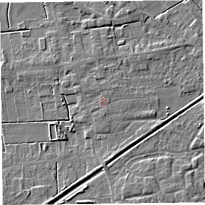 Shaded relief map of the ground around PR98BE, computed from Environment Agency LiDAR. The ground here sits at about 5 m above sea level and falls 5 m across the surrounding 800 m. Surface water reaching this point runs off ground lying to the west-north-west, 0.7 m higher.