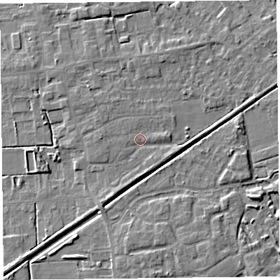 Shaded relief map of the ground around PR98BG, computed from Environment Agency LiDAR. The ground here sits at about 5 m above sea level and falls 5 m across the surrounding 800 m. Surface water reaching this point runs off ground lying to the south, 1.6 m higher.