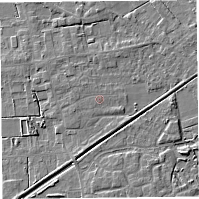 Shaded relief map of the ground around PR98BH, computed from Environment Agency LiDAR. The ground here sits at about 5 m above sea level and falls 5 m across the surrounding 800 m. Surface water reaching this point runs off ground lying to the west, 0.9 m higher.