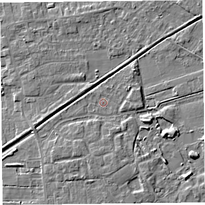 Shaded relief map of the ground around PR98BJ, computed from Environment Agency LiDAR. The ground here sits at about 4 m above sea level and falls 6 m across the surrounding 800 m. Surface water reaching this point runs off ground lying to the west-south-west, 1.6 m higher.