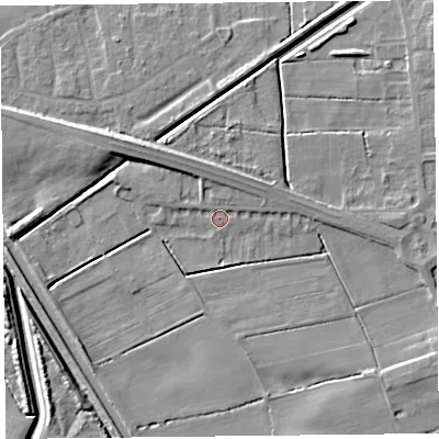 Shaded relief map of the ground around PR98BN, computed from Environment Agency LiDAR. The ground here sits at about 3 m above sea level and falls 9 m across the surrounding 800 m. Surface water reaching this point runs off ground lying to the north-west, 4.8 m higher.