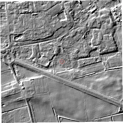 Shaded relief map of the ground around PR98BP, computed from Environment Agency LiDAR. The ground here sits at about 3 m above sea level and falls 6 m across the surrounding 800 m. Surface water reaching this point runs off ground lying to the north-west, 3.6 m higher.