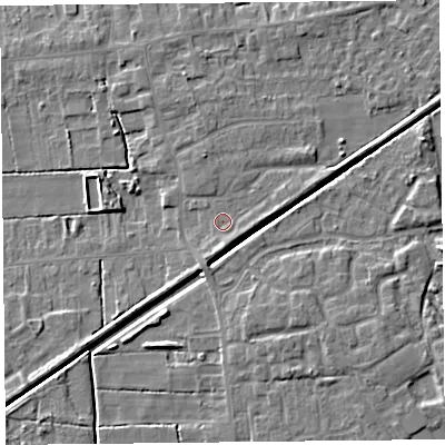 Shaded relief map of the ground around PR98BQ, computed from Environment Agency LiDAR. The ground here sits at about 5 m above sea level and falls 5 m across the surrounding 800 m. Surface water reaching this point runs off ground lying to the east, 1.4 m higher.